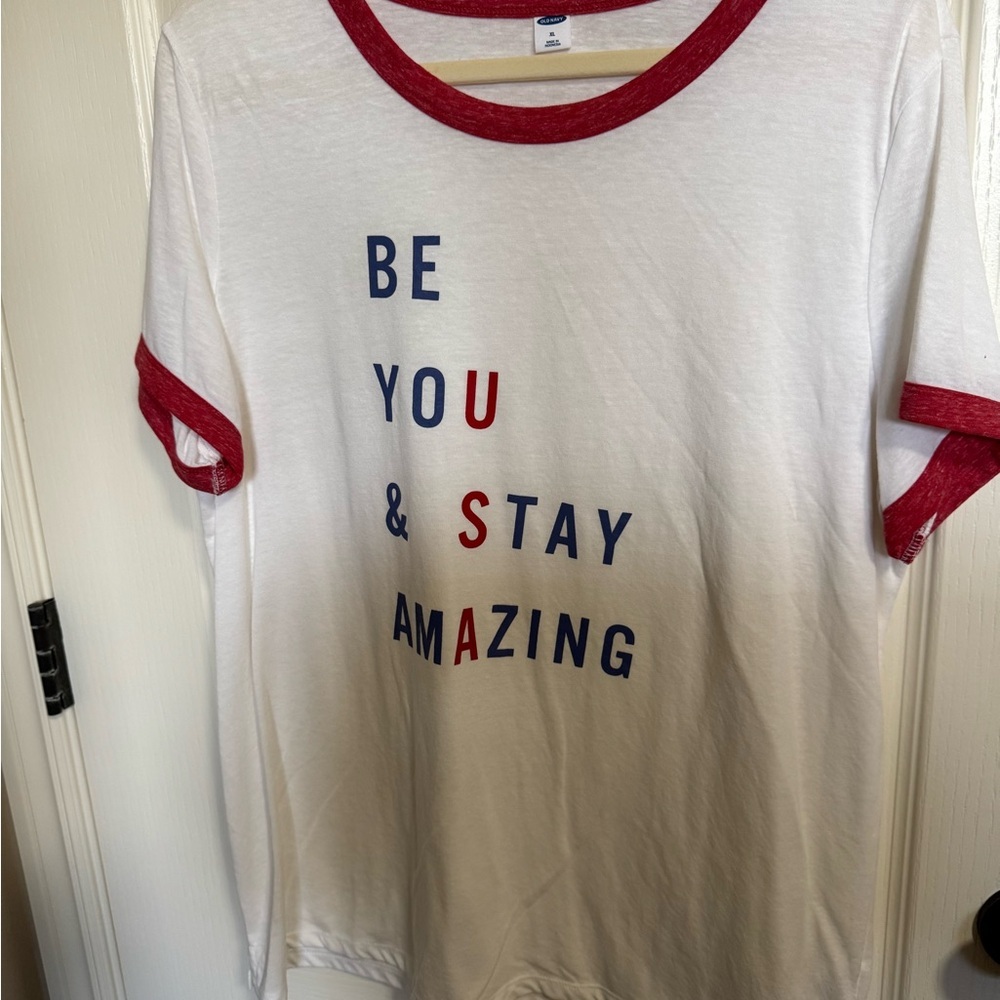 Old Navy XL White Red Ringer Tee "Be You & Stay Amazing" Graphic T-Shirt EUC